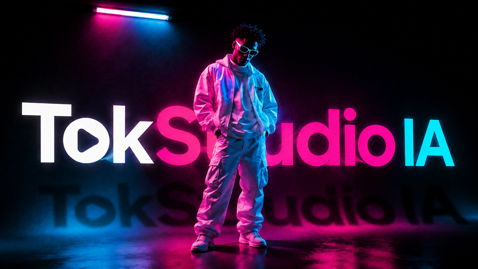 Letreiro neon TokStudio IA em rosa e ciano com um criador de conteúdo à frente